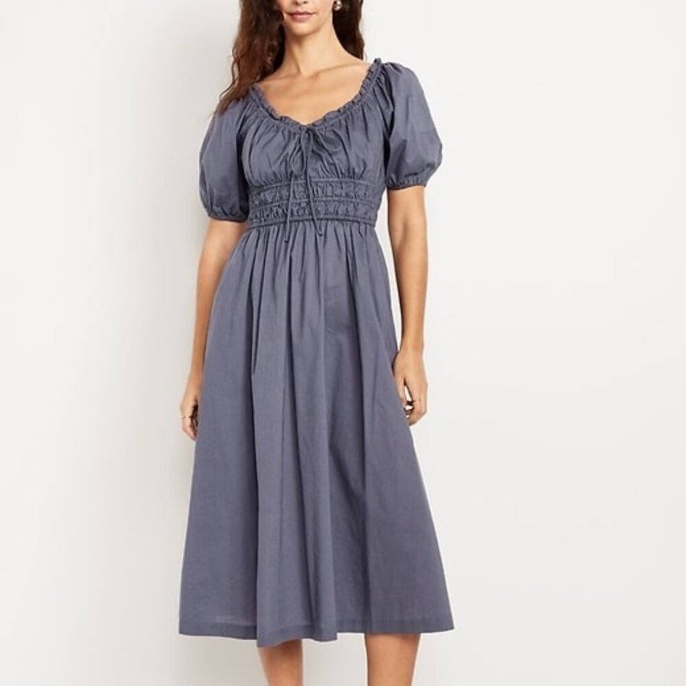 Fit & Flare Puff-Sleeve Midi Dress SIZE L PETITE